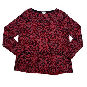 J. Jill Red Black Damask Baroque Knit Sweater Medium Petite MP